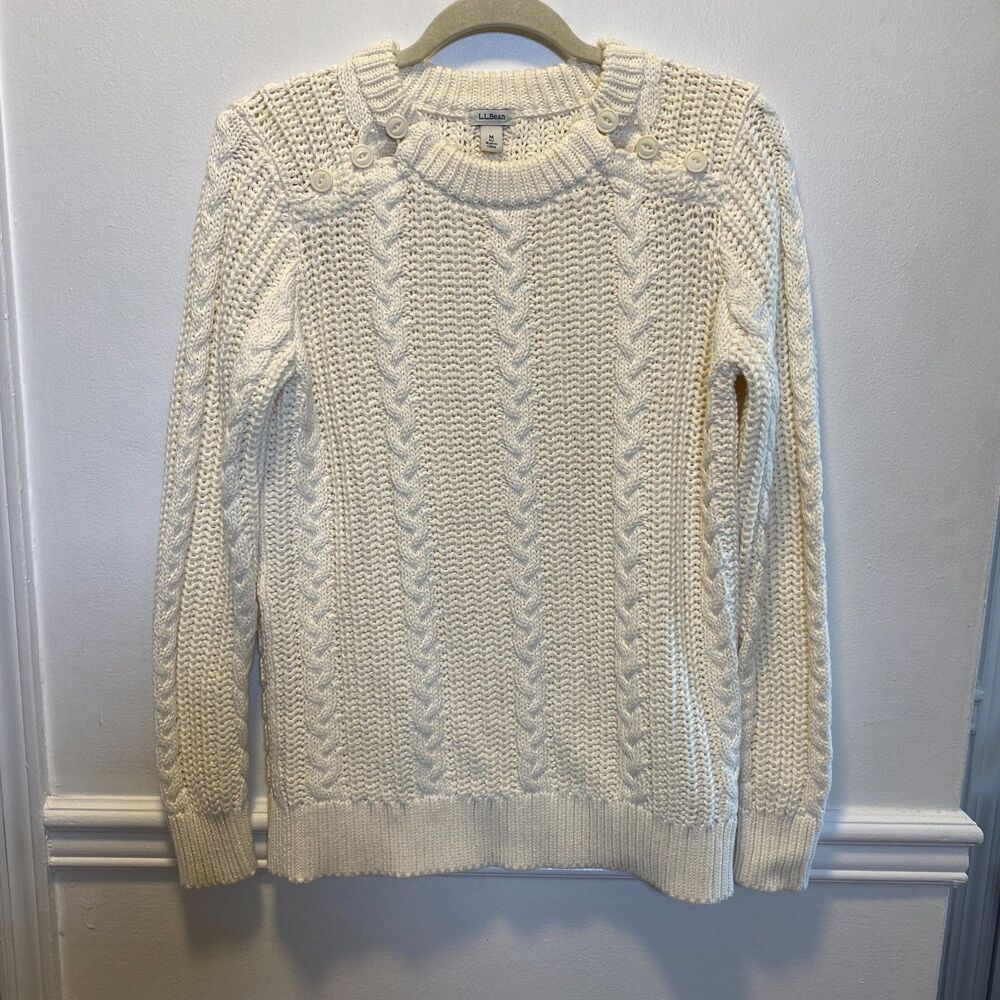 Chunky Cable Knit Sweater Cream Button Shoulder Cozycore M L.L. Bean